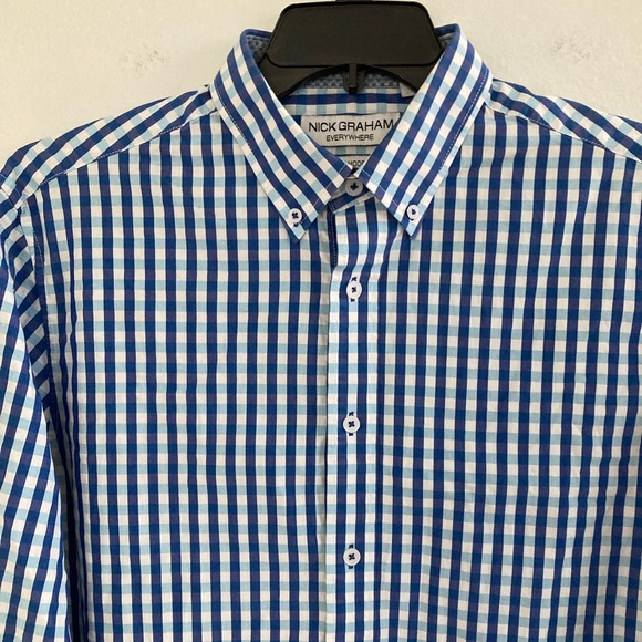 Nick Graham Everywhere Shirt Mens L Stretch Modern Fit Blue Check Flip Cuff - Picture 3 of 7